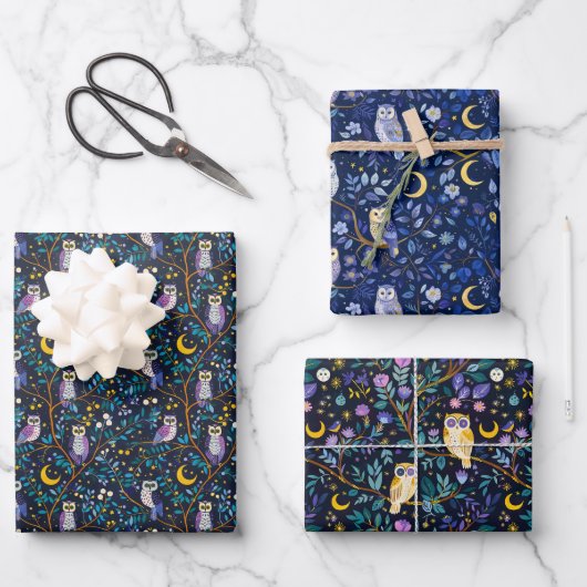 Whimsical Night Owl Pattern – betoverend bos Inpakpapier Vel (Voorkant)