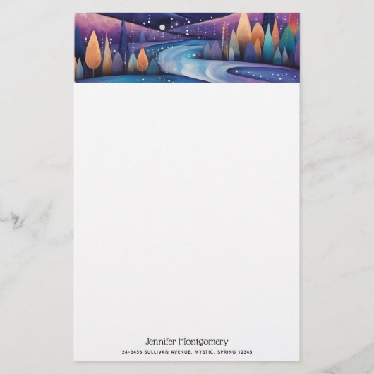 Whimsical Night - rivier, bomen en bergen Briefpapier (Voorkant)