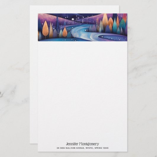 Whimsical Night - rivier, bomen en bergen Briefpapier (Voorkant / Achterkant)