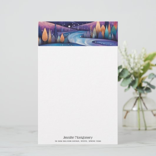 Whimsical Night - rivier, bomen en bergen Briefpapier (Staand voorkant)