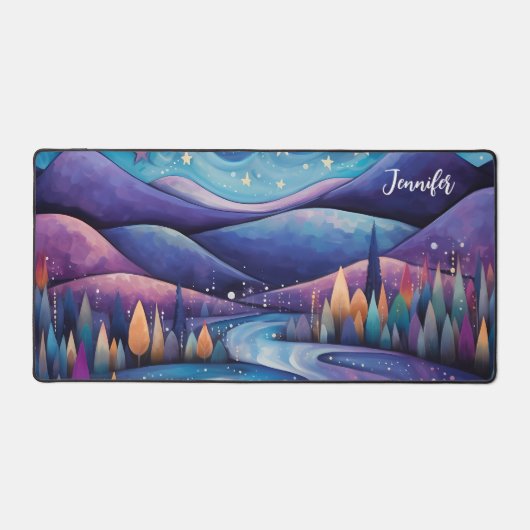 Whimsical Night - rivier, bomen en bergen Bureaumat (Voorkant)