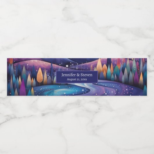 Whimsical Night - Rivier, Bomen en Heuvels Bruilof Waterfles Etiket (Enkel label)