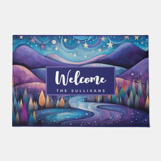 Whimsical Night - Rivier, Bomen en Heuvels Welkom Deurmat (Voorkant)