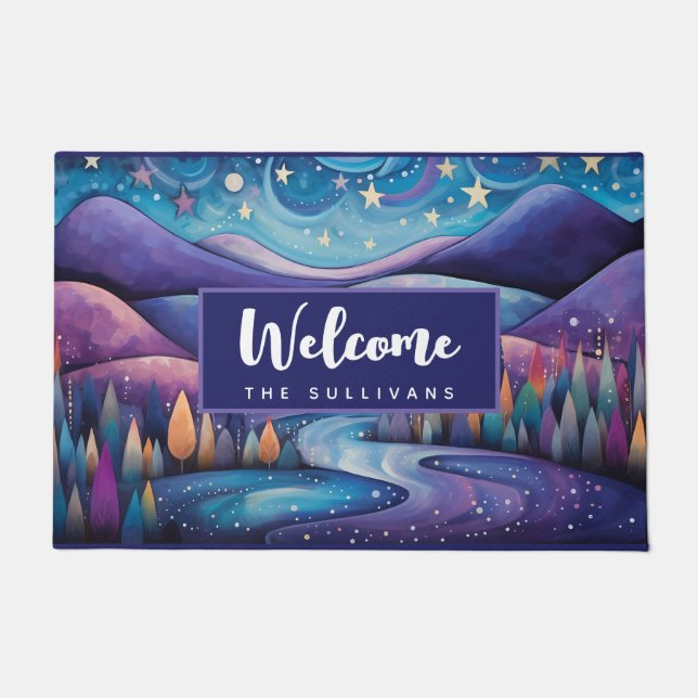 Whimsical Night - Rivier, Bomen en Heuvels Welkom Deurmat (Voorkant)