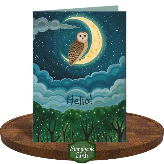 Whimsical Night Sky Owl Crescent Moon Tekening Kaart