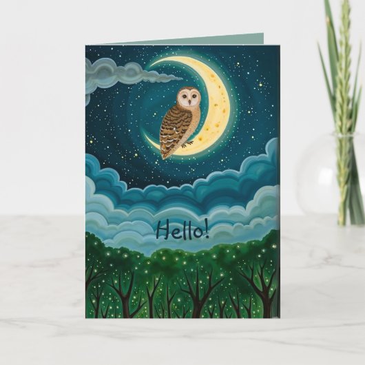 Whimsical Night Sky Owl Crescent Moon Tekening Kaart (Voorkant)