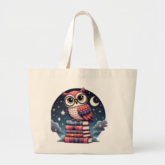 Whimsical Night Sky  Uil Book Illustratie Grote Tote Bag (Voorkant)