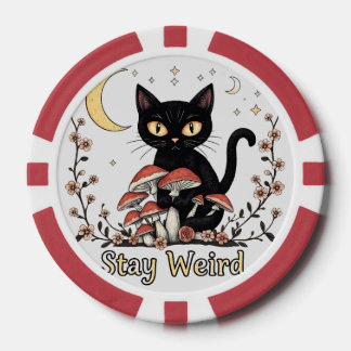 Whimsical noir cat framed by red mushrooms and pal poker chips