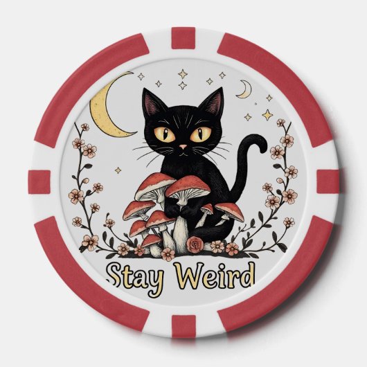 Whimsical noir cat framed by red mushrooms and pal poker chips (Voorkant)