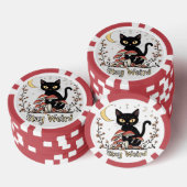 Whimsical noir cat framed by red mushrooms and pal poker chips (Opstapeling)