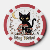 Whimsical noir cat framed by red mushrooms and pal poker chips (Achterkant)