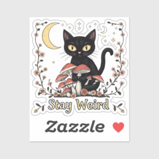 Whimsical noir cat framed by red mushrooms and pal sticker