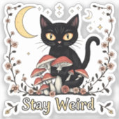 Whimsical noir cat framed by red mushrooms and pal sticker (Voorkant)