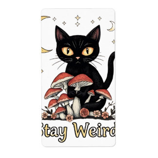 Whimsical noir kat omlijst door rode paddenstoelen etiket