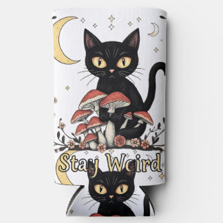 Whimsical noir kat omlijst door rode paddenstoelen seltzer blikjeskoeler