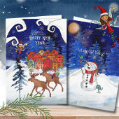 Whimsical Nordic Santa on a Moose Happy New Year  Feestdagen Kaart