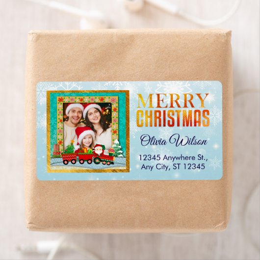 Whimsical North Pole Express Kerst Foto Etiket (Insitu)