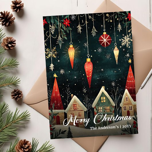 Whimsical nostalgic Christmas scene card template Feestdagenkaart