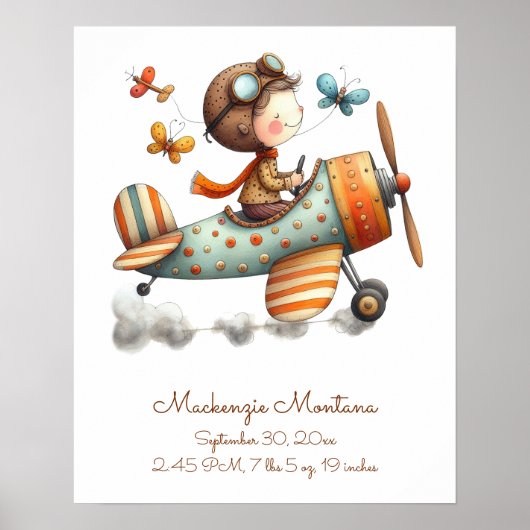 Whimsical Nursery Art Child Flying Plane Poster (Voorkant)