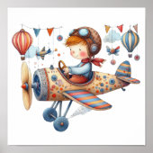 Whimsical Nursery Art Kind Vliegend Oude Vliegtuig Poster (Voorkant)