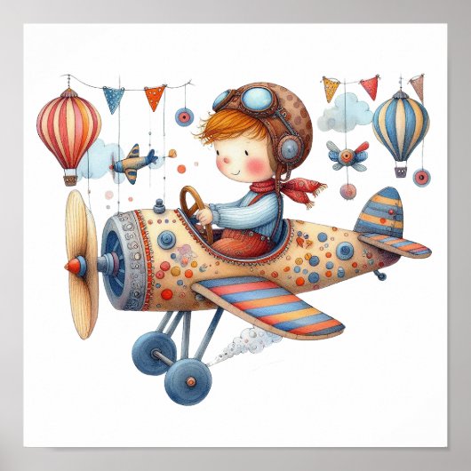 Whimsical Nursery Art Kind Vliegend Oude Vliegtuig Poster (Voorkant)