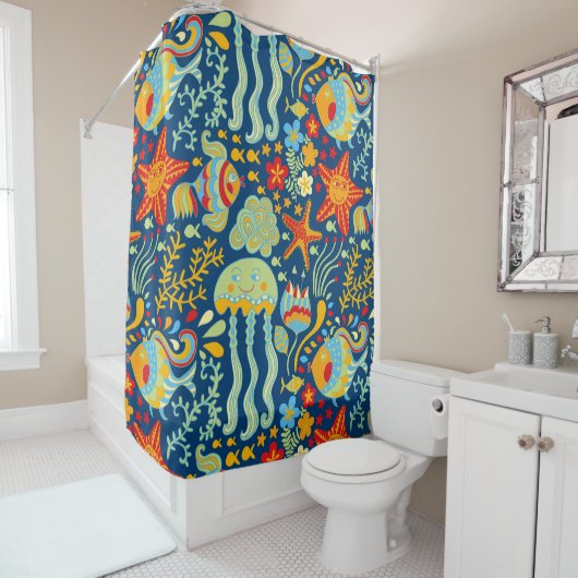 Whimsical Ocean of Fish and Kelp Douchegordijn (In situ)