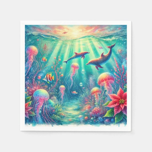 Whimsical Ocean Poinsettia Reef Decoupage Servette Servet (Voorkant)