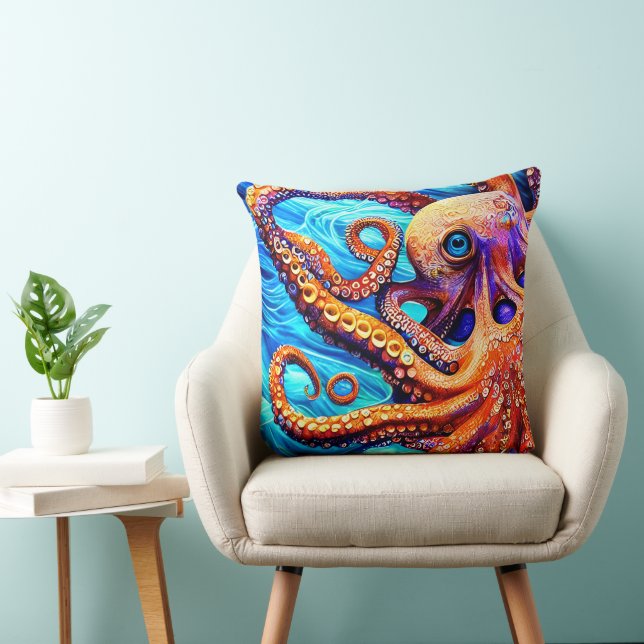 Whimsical Octopus Blue Ocean Wave Cubism Kussen (Stoel)