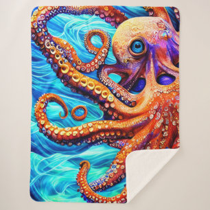 Whimsical Octopus Blue Ocean Wave Cubism Sherpa Deken