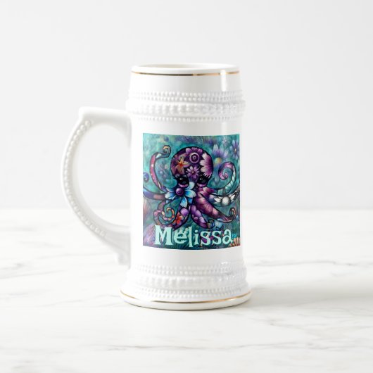 Whimsical Octopus Floral Blauwgroen kust gepersona Bierpul (Links)
