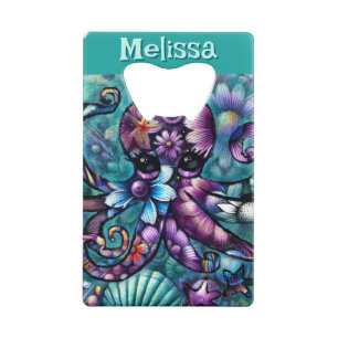 Whimsical Octopus Floral Blauwgroen kust gepersona Creditkaart Flessenopener