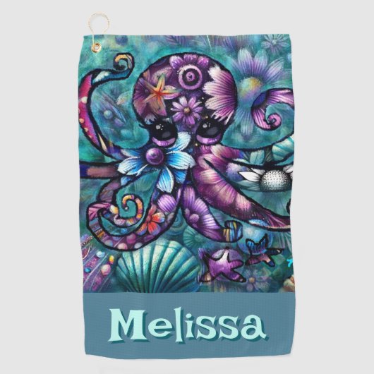 Whimsical Octopus Floral Blauwgroen kust gepersona Golfhanddoek (Voorkant)