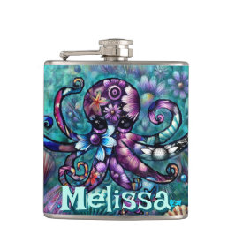 Whimsical Octopus Floral Blauwgroen kust gepersona Heupfles