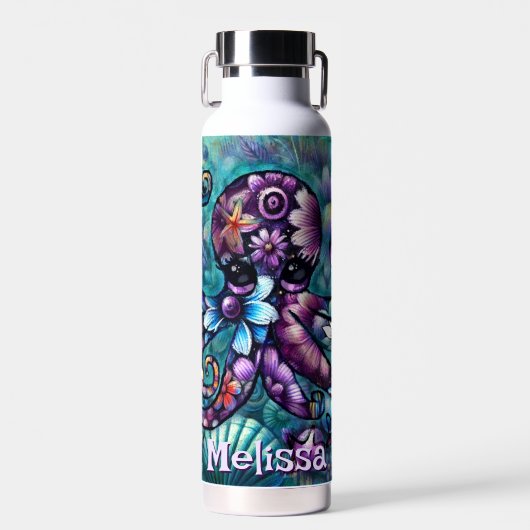 Whimsical Octopus Floral Blauwgroen kust gepersona Waterfles (Voorkant)