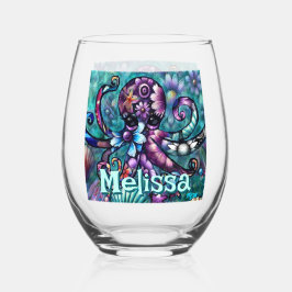 Whimsical Octopus Floral Blauwgroen kust gepersona Wijnglas Zonder Voet