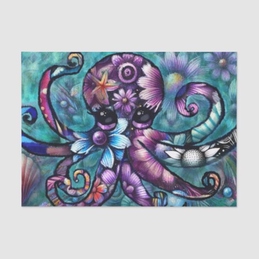Whimsical Octopus Floral Blauwgroen kustontkoppeli Tissuepapier (Voorkant)