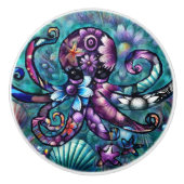 Whimsical Octopus Floral Blauwgroen Paarse Blauwe  Keramische Knop (Voorkant)
