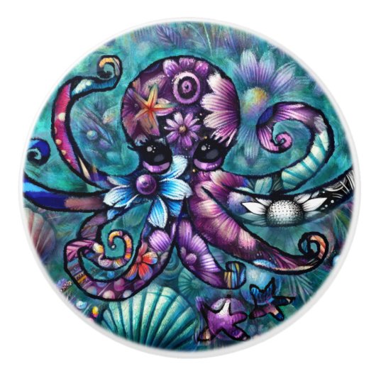 Whimsical Octopus Floral Blauwgroen Paarse Blauwe  Keramische Knop (Voorkant)