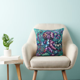 Whimsical Octopus Floral Blauwgroen Paarse Blauwe  Kussen