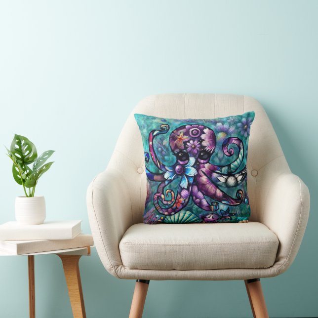 Whimsical Octopus Floral Blauwgroen Paarse Blauwe  Kussen (Stoel)