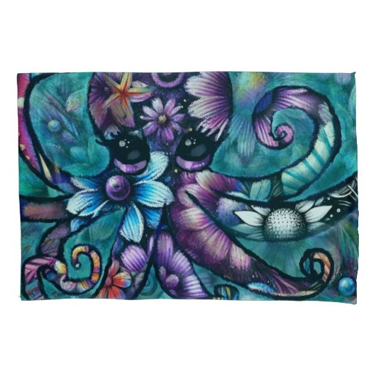 Whimsical Octopus Floral Blauwgroen Paarse Blauwe  Kussensloop (Voorkant)