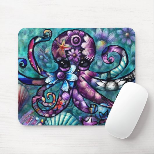 Whimsical Octopus Floral Blauwgroen Paarse Blauwe  Muismat (Met muis)