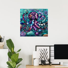 Whimsical Octopus Floral Blauwgroen Paarse Blauwe  Poster