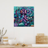 Whimsical Octopus Floral Blauwgroen Paarse Blauwe  Poster (Keuken)