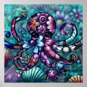 Whimsical Octopus Floral Blauwgroen Paarse Blauwe  Poster (Voorkant)