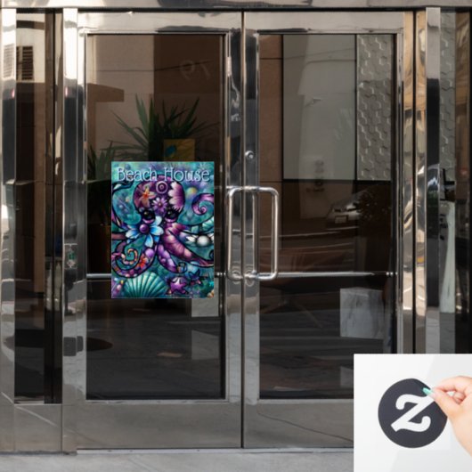 Whimsical Octopus Floral Blauwgroen Paarse Blauwe  Raamsticker (Kantoordeur)