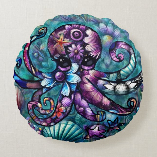 Whimsical Octopus Floral Blauwgroen Paarse Blauwe  Rond Kussen (Voorkant)