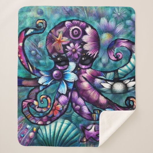 Whimsical Octopus Floral Blauwgroen Paarse Blauwe  Sherpa Deken (Voorkant)