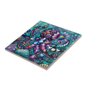 Whimsical Octopus Floral Blauwgroen Paarse Blauwe  Tegeltje