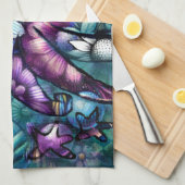 Whimsical Octopus Floral Blauwgroen Paarse Blauwe Theedoek (Quarter Fold)